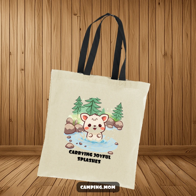 Funny tote bag with a kawaii camping animal joyfully splashing in a tiny stream, perfect for carrying essentials.