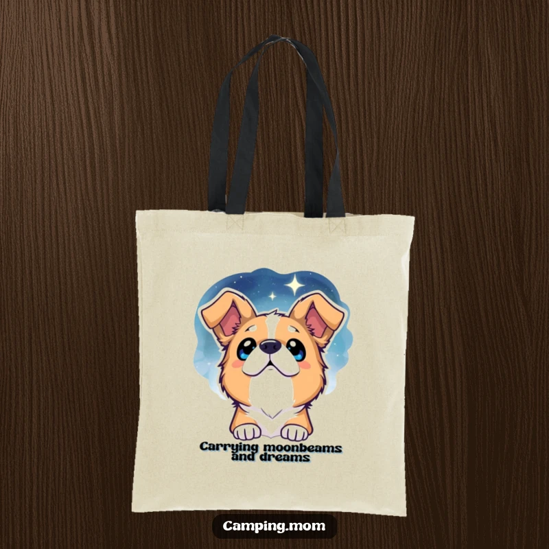 Funny Dog Tote Bag: A charming tote showcasing a dog with wide, sparkling eyes looking up at a beautiful starry night sky.