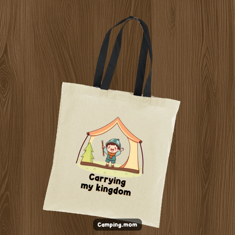 Funny tote bag with a joyful camping character hilariously struggling with oversized poles while setting up a tent.