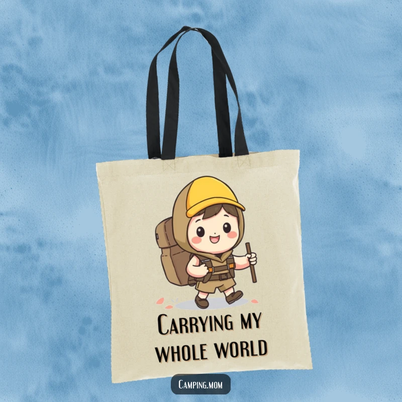Funny Kawaii hiker tote bag featuring a cheerful character with a backpack and a wide grin on a hike.