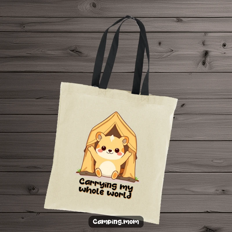 Funny camping animal character gleefully opening a tent flap, printed on a durable tote bag, ready for carrying everyday items.