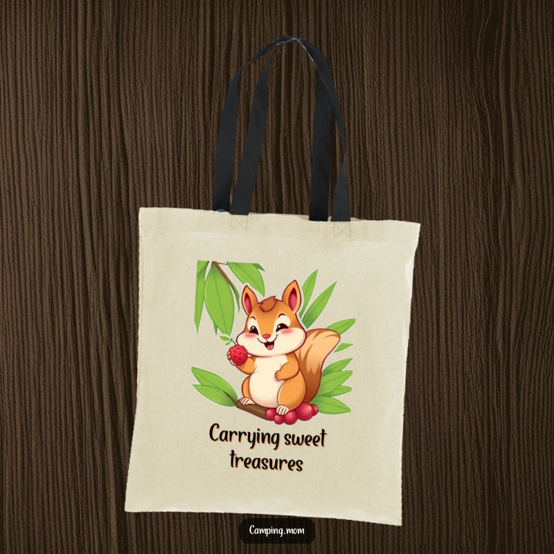 Funny tote bag with a cheerful chipmunk with a sweet smile, offering a berry from its palm, for carrying essentials.