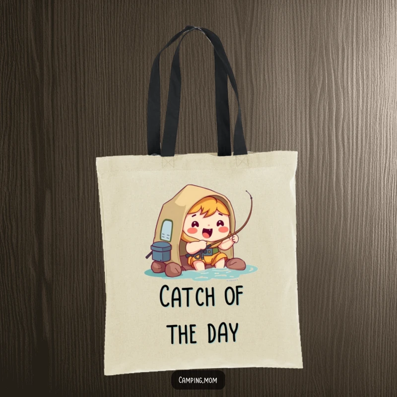 Funny Tote Bag: Kawaii camping character excitedly fishing, full of hope for a great catch.