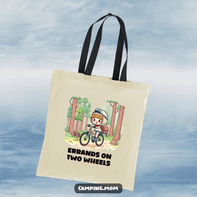 Funny Tote Bag: Kawaii camping character biking with glee through a forest, ready for adventure.