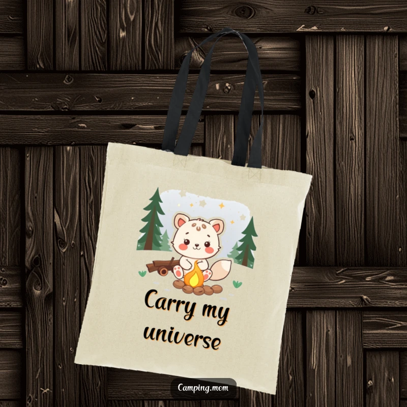Funny animal tote bag featuring a joyful character sitting by a campfire, gazing at stars, a serene and humorous accessory.