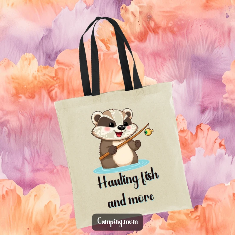 Funny tote bag with a happy badger holding a fishing rod, looking forward to a catch, ideal for anglers.