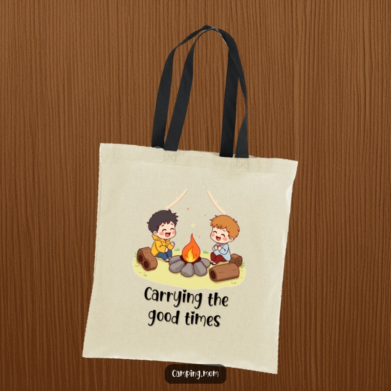 Funny tote bag showing characters laughing around a campfire, perfect for carrying essentials with a warm and humorous theme. Great funny gift.