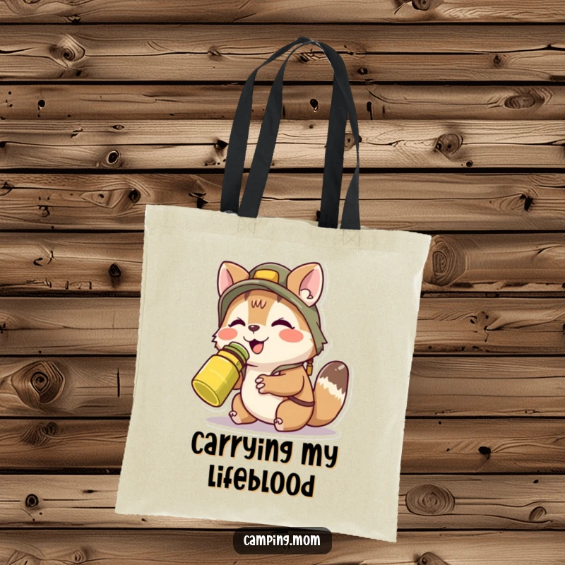 Funny camping animal character happily sipping from a canteen, printed on a durable tote bag for carrying essentials with humor.