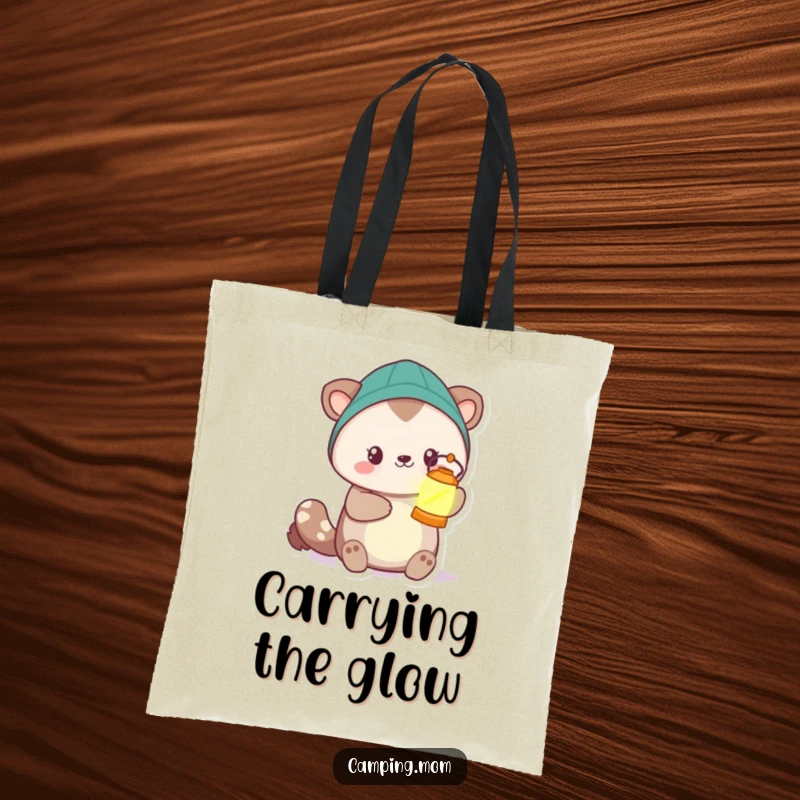 Funny camping animal character holding a glowing lantern, printed on a durable tote bag for carrying items with brightness.
