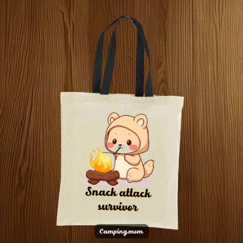 Funny camping mom tote bag, featuring an animal mom roasting a perfectly golden marshmallow, perfect for carrying gear.
