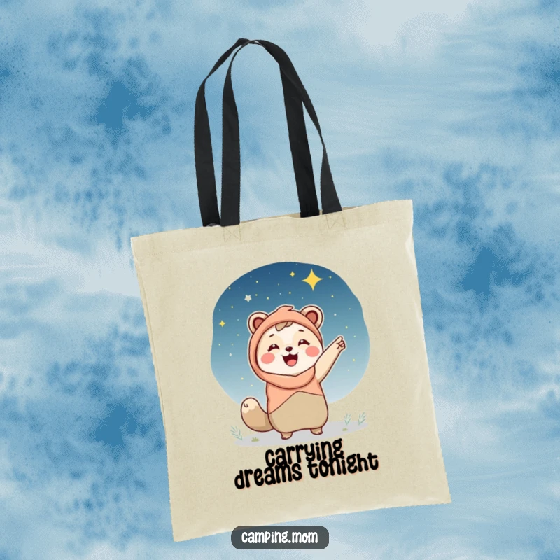 Funny camping mom tote bag, featuring an animal mom happily pointing at a brilliant starry night sky, great for essentials.
