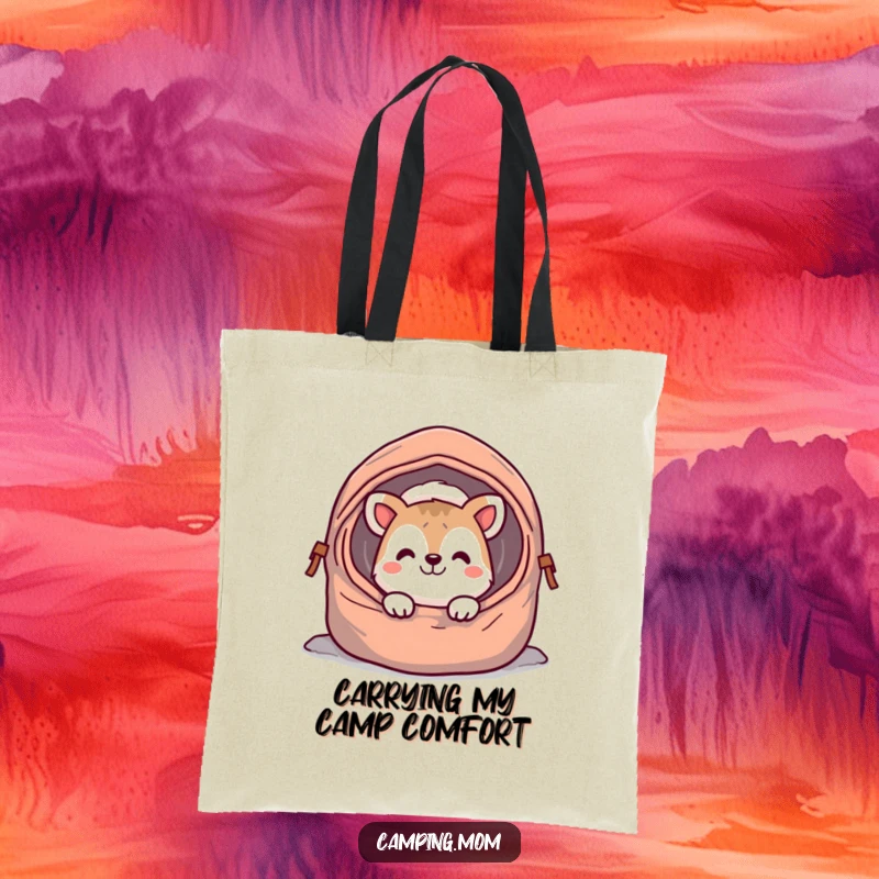 Funny camping animal tote bag, peeking out from a sleeping bag with a cheerful grin, ready for any adventure or task.