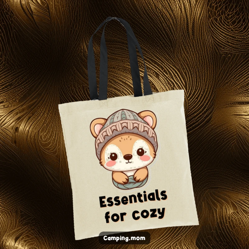 Funny animal character wearing a knitted hat, looking warm and cozy, showcased on a practical and stylish tote bag.