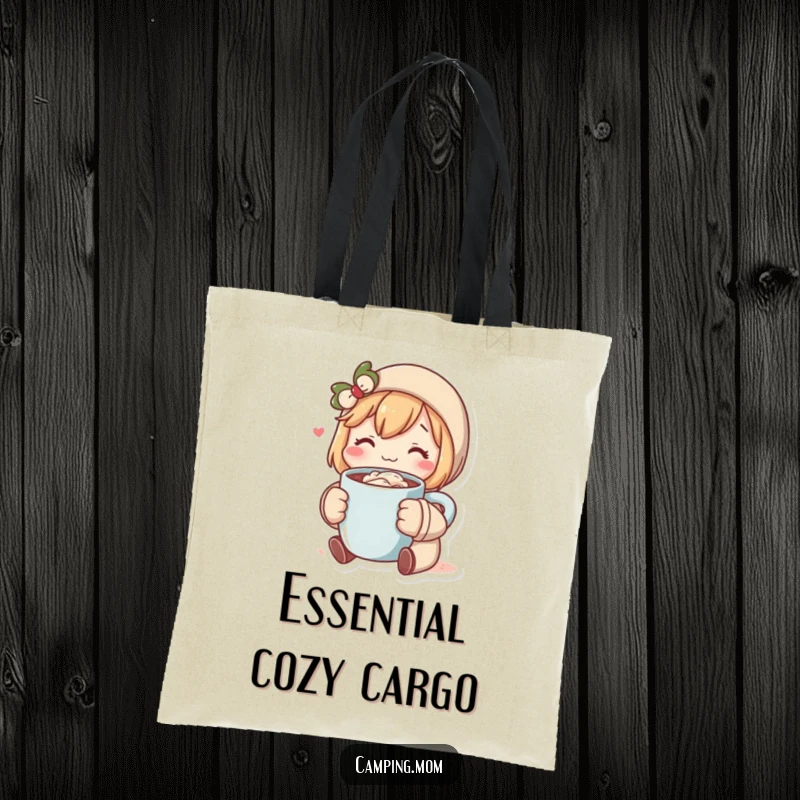 Funny tote bag showcasing a character blissfully enjoying hot cocoa, perfect for carrying daily items with a smile. Great funny gift.