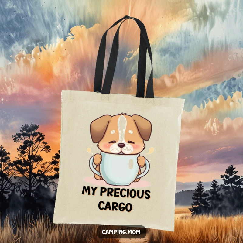 Funny dog sipping from a steaming mug with a contented sigh, on a durable canvas tote bag.