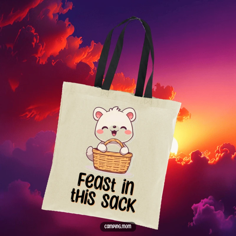Funny animal character beaming with joy while unpacking a picnic basket, depicted on a practical and humorous tote bag.