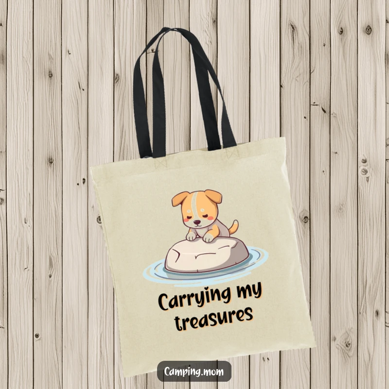 Funny Dog Tote Bag: A durable tote bag featuring a dog holding a perfect, smooth skipping stone, ready to skip.