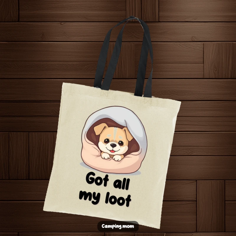 Funny Dog Tote Bag: A durable tote bag featuring a dog with a mischievous grin peeking out from beneath a sleeping bag.