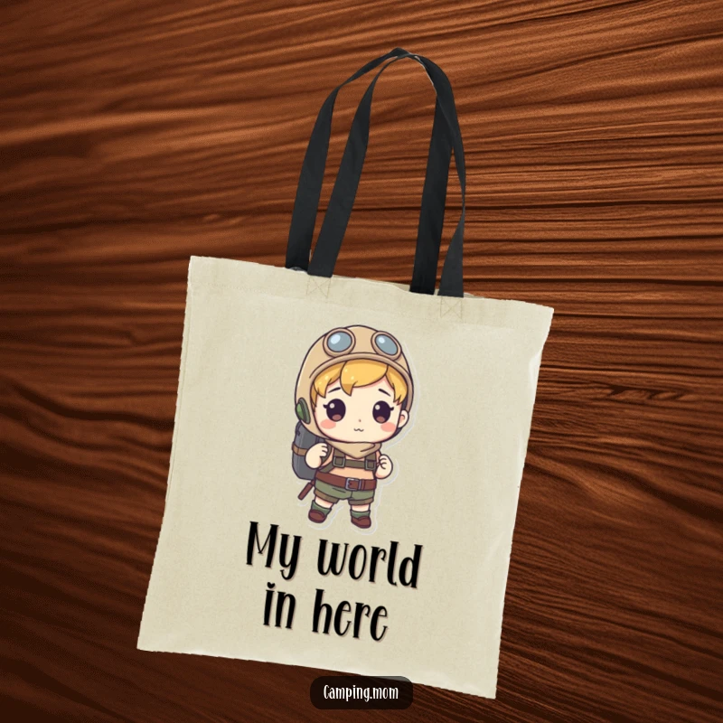 Funny tote bag showing a character with a backpack, perfectly suited for carrying essentials during any exploration. Great funny gift.