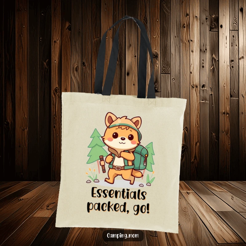 Funny camping animal character hiking with a backpack, printed on a durable tote bag for adventurers.