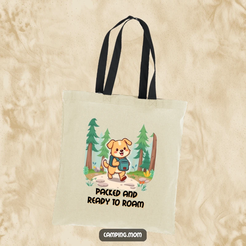 Funny dog with a backpack enthusiastically hiking on a forest trail, depicted on a durable tote bag.