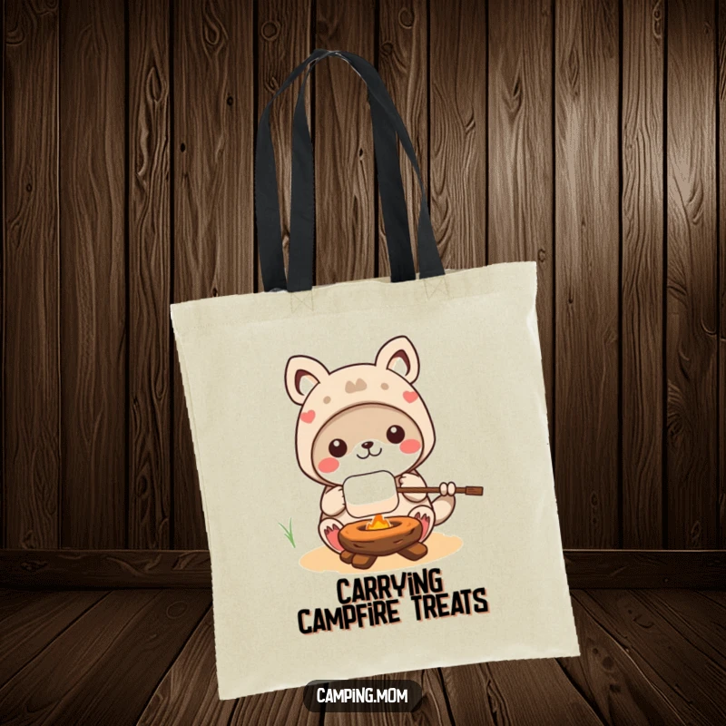 Funny kawaii camping animal character holding a stick with a roasting marshmallow, printed on a durable tote bag for cheerful carrying.