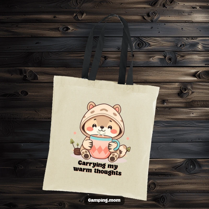 Funny Kawaii Camping Animal Tote Bag with a smiling creature offering a delightful cup of cocoa, perfect for shopping or travel.
