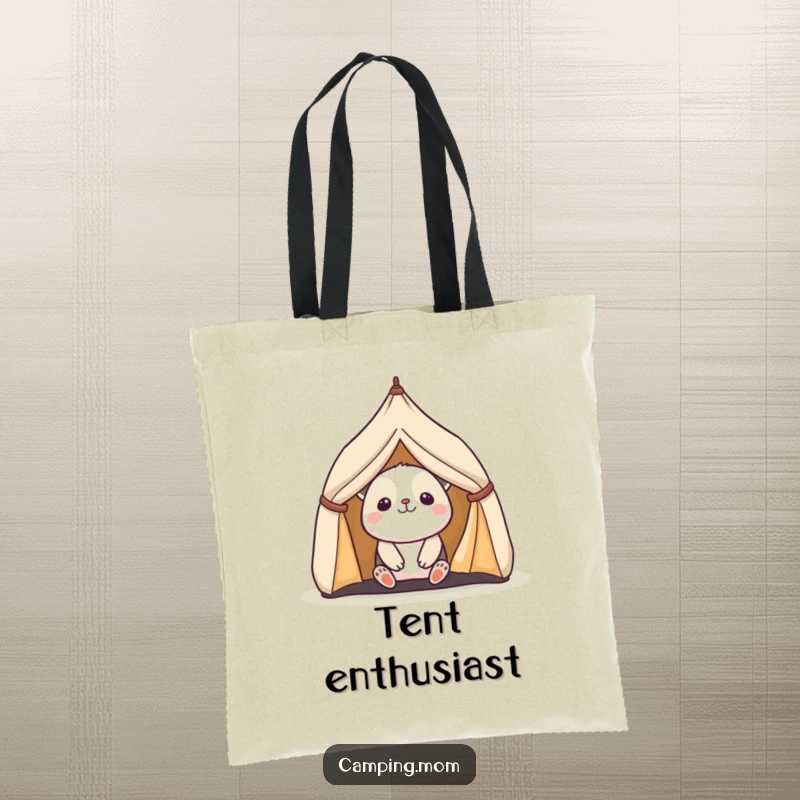 Funny tote bag featuring a kawaii camping animal peeking out from its tent with delightful excitement, ideal for everyday use.