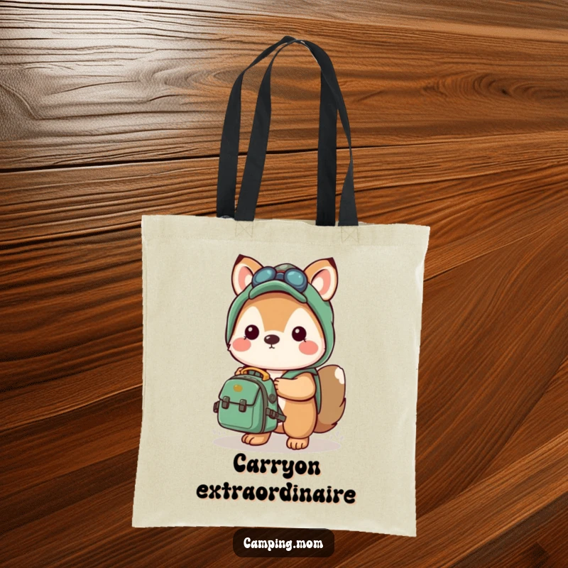Funny tote bag with a kawaii camping animal holding a small backpack, symbolizing readiness and excitement for travel.