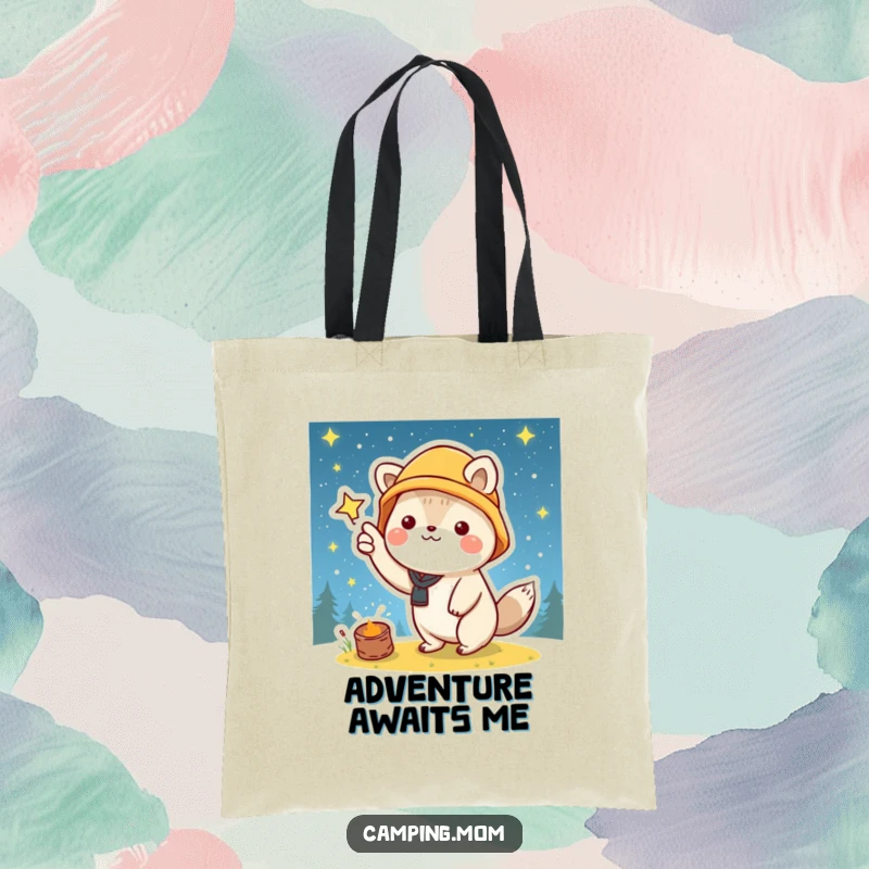 Funny tote bag with a kawaii camping animal happily pointing at a twinkling starry night sky, perfect for carrying essentials.