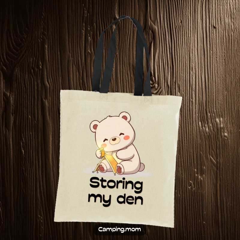 Funny tote bag with a mama bear wearing a headlamp, enthusiastically setting up a small tent for camping adventures.