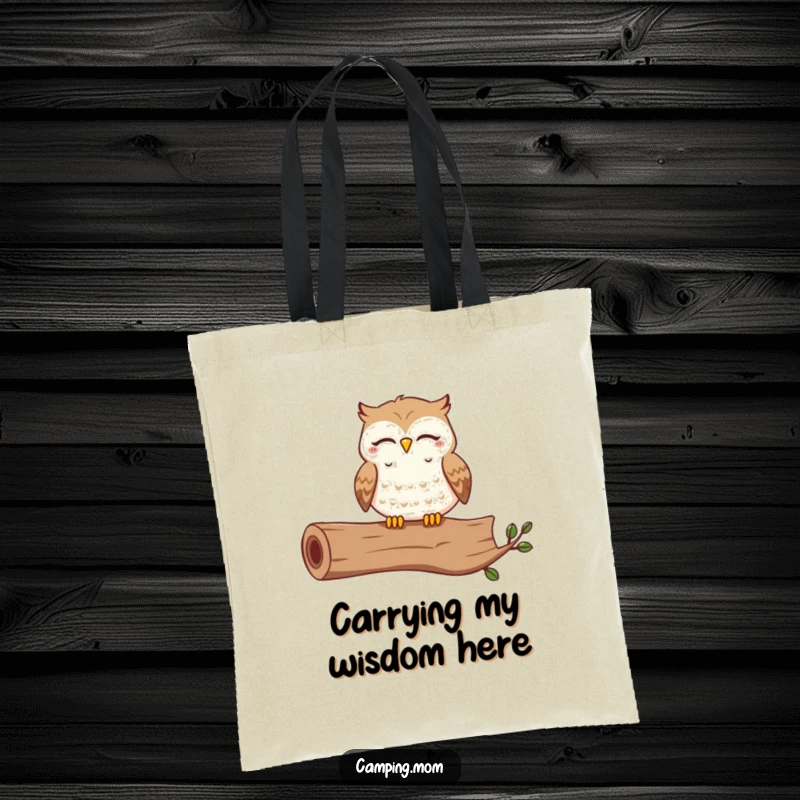Funny tote bag with a contented owl hooting happily with closed eyes on a log, ideal for carrying humor and essentials.