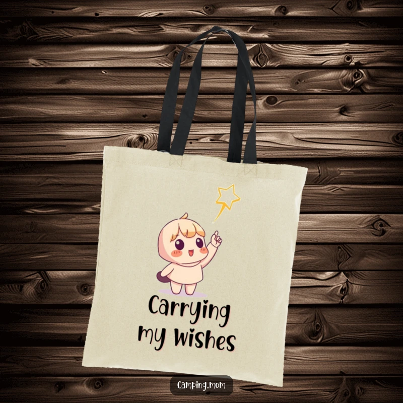 Funny tote bag showing a character pointing at a shooting star, perfect for carrying daily items with a hopeful and humorous theme. Great funny gift.