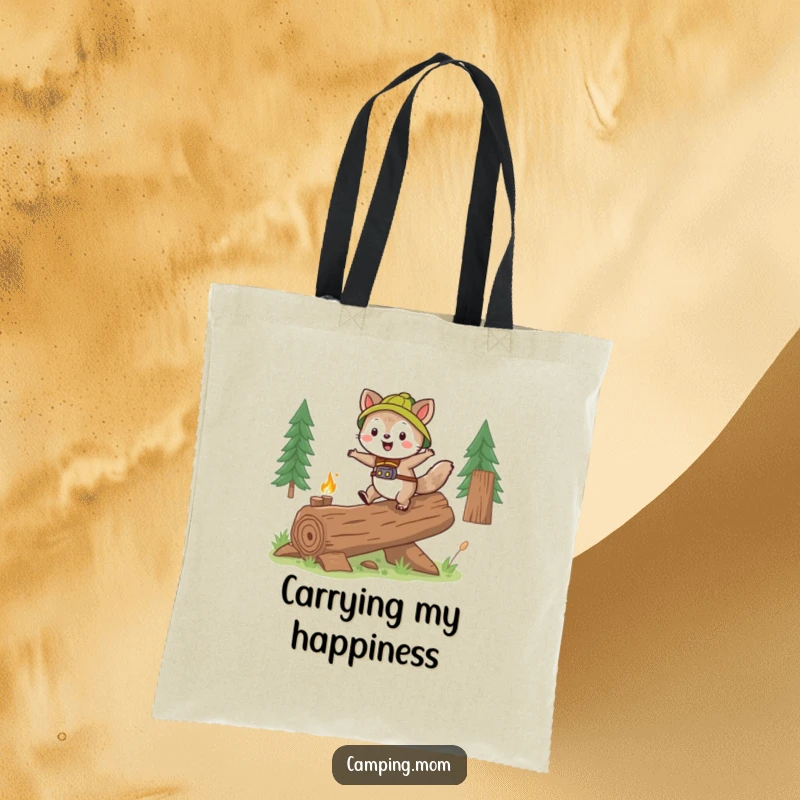 Funny camping animal character gleefully skipping over a log, on a durable tote bag for everyday use.