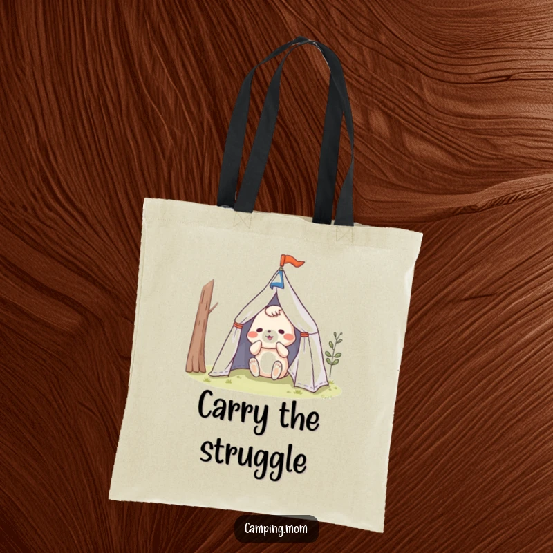 Funny animal character getting tangled in tent fabric, on a humorous tote bag for campers.