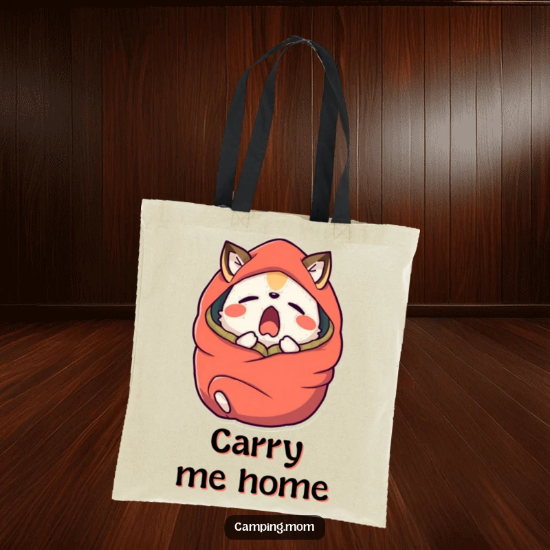Funny camping animal character yawning widely, wrapped in a sleeping bag, on a durable tote bag.