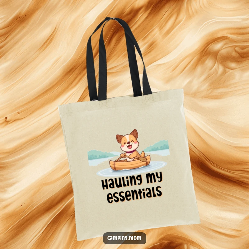 Funny Dog Tote Bag: A practical tote bag featuring a happy dog paddling a small canoe across a calm, serene lake.