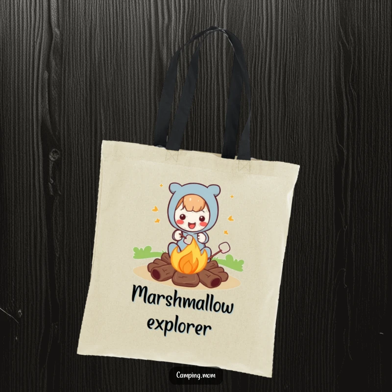 Funny tote bag showing a character happily roasting marshmallows over a campfire, ideal for carrying essentials with a humorous touch.
