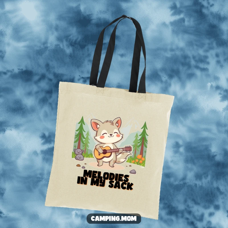 Funny animal character playing a guitar with gusto in a wilderness scene, depicted on a practical and humorous tote bag.