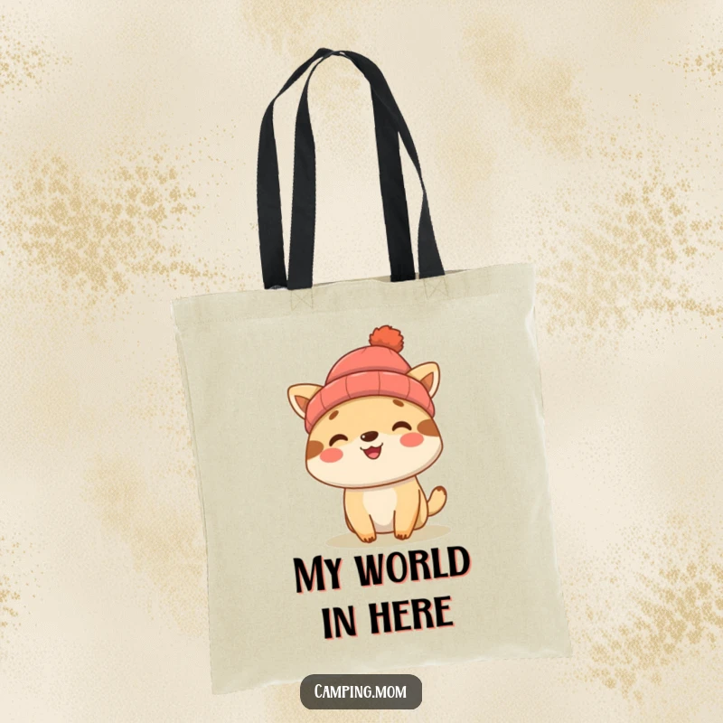 Funny cute camping animal wearing a beanie, smiling on a durable tote bag, ideal for shopping or travel.