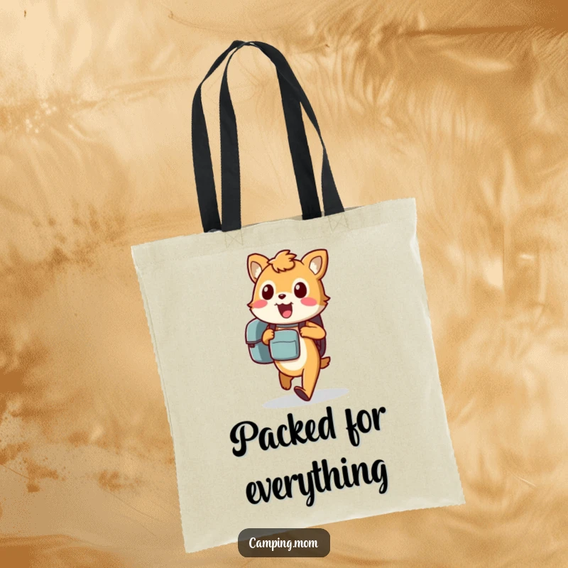 Funny animal tote bag featuring an excited character carrying a backpack, walking eagerly, a humorous travel companion.
