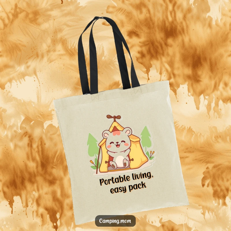 Funny animal tote bag with a happy character enthusiastically setting up a small tent, a practical and humorous accessory.