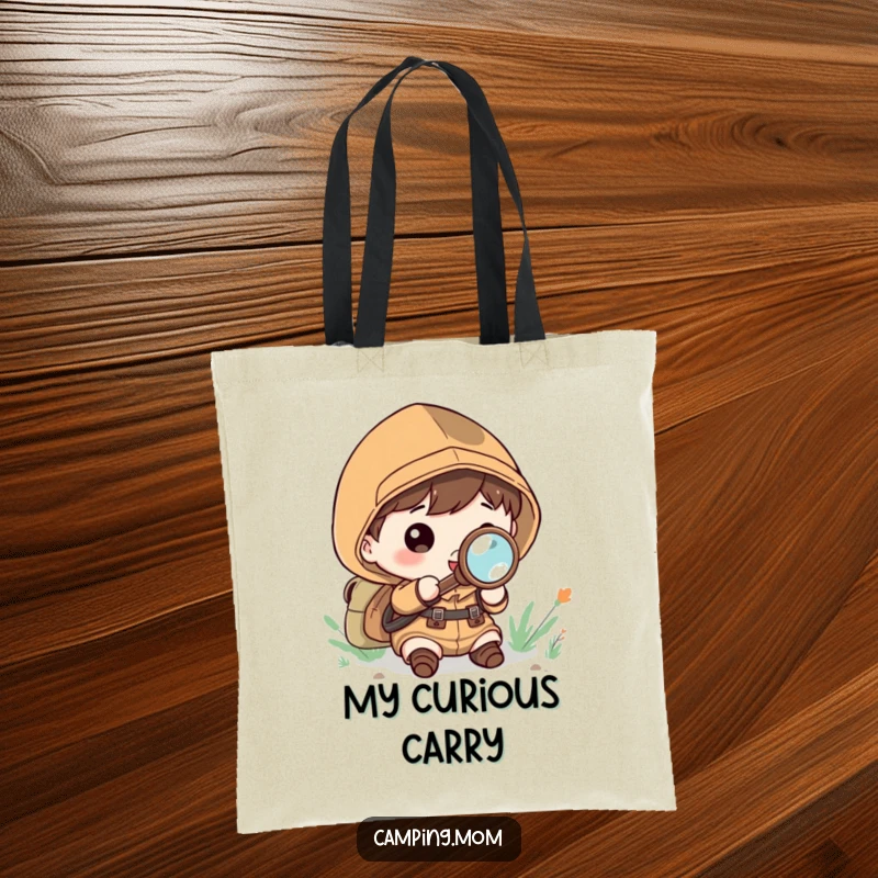 Funny Tote Bag: Kawaii camping character using a magnifying glass to explore with wonder and excitement.