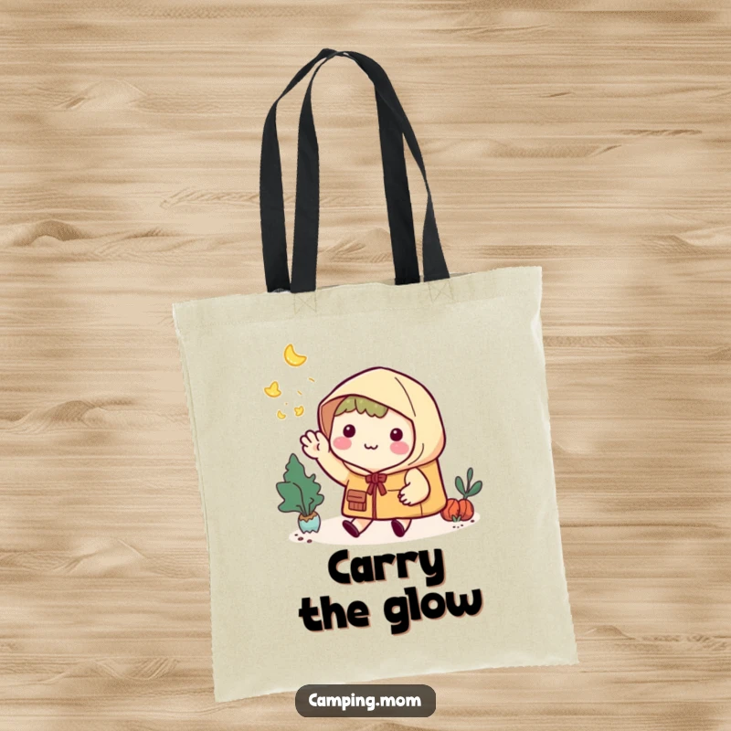 Funny Tote Bag: Kawaii camping character smiling and waving goodbye to twinkling fireflies at dusk.