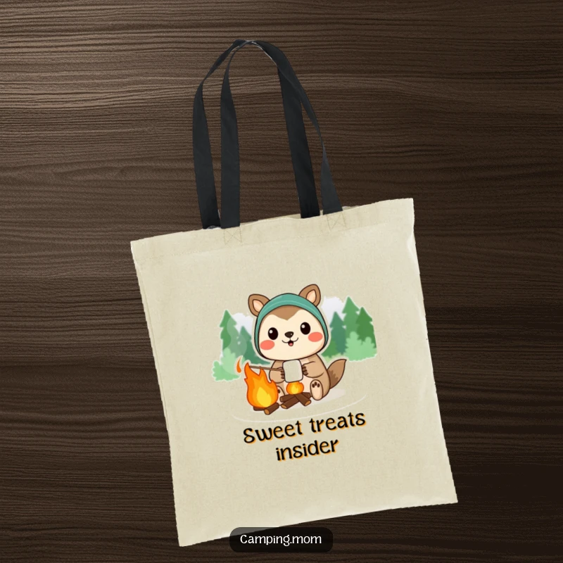 Funny camping animal character proudly displaying a campfire marshmallow, on a durable tote bag.